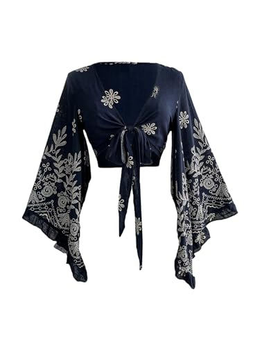 BEAUDRM Women's Boho Tops Wrap Western Country Concert 70s Outfits Tie Front Long Bell Sleeve Tops Hippie Disco Clothes Dark Blue and Apricot Medium - Image 1