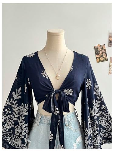BEAUDRM Women's Boho Tops Wrap Western Country Concert 70s Outfits Tie Front Long Bell Sleeve Tops Hippie Disco Clothes Dark Blue and Apricot Medium - Image 4