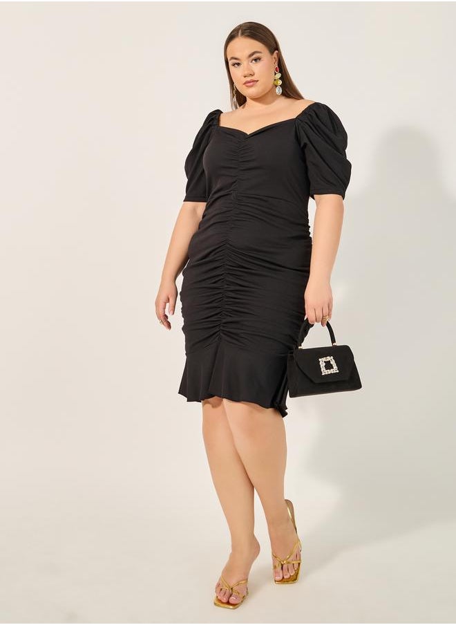 Styli - Plus Size Solid Ruched Detail Sheath Knee Length Dress - Image 1