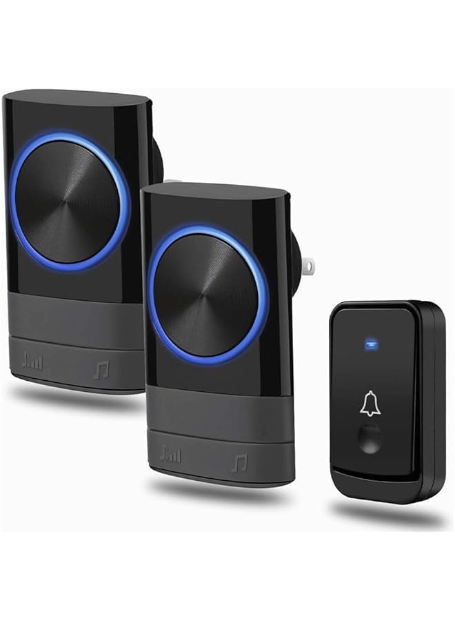 promass Wireless Doorbell, 4 Level Black Waterproof Door Bell Kit with 2 Plug in Receivers Kit 1 Chime Transmitter Remote Button, 52 Chimes, Volumes Ring Doorbell Wireless for Home, Office