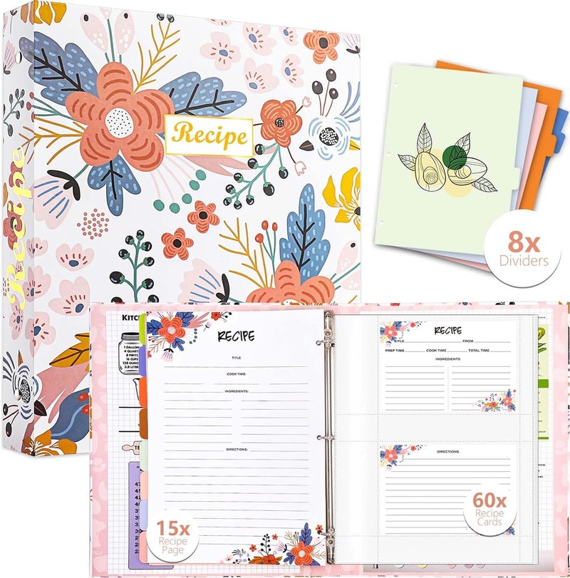 Relaehih 3 Ring Recipe Binder 8.5" x 11" Recipe Book Recipe Binder Kit with 60 Printed Recipe Cards 4'' x 6'', 8 Category Dividers to Write in Your Recipes, Unique Gifts for Women (White) - Image 1
