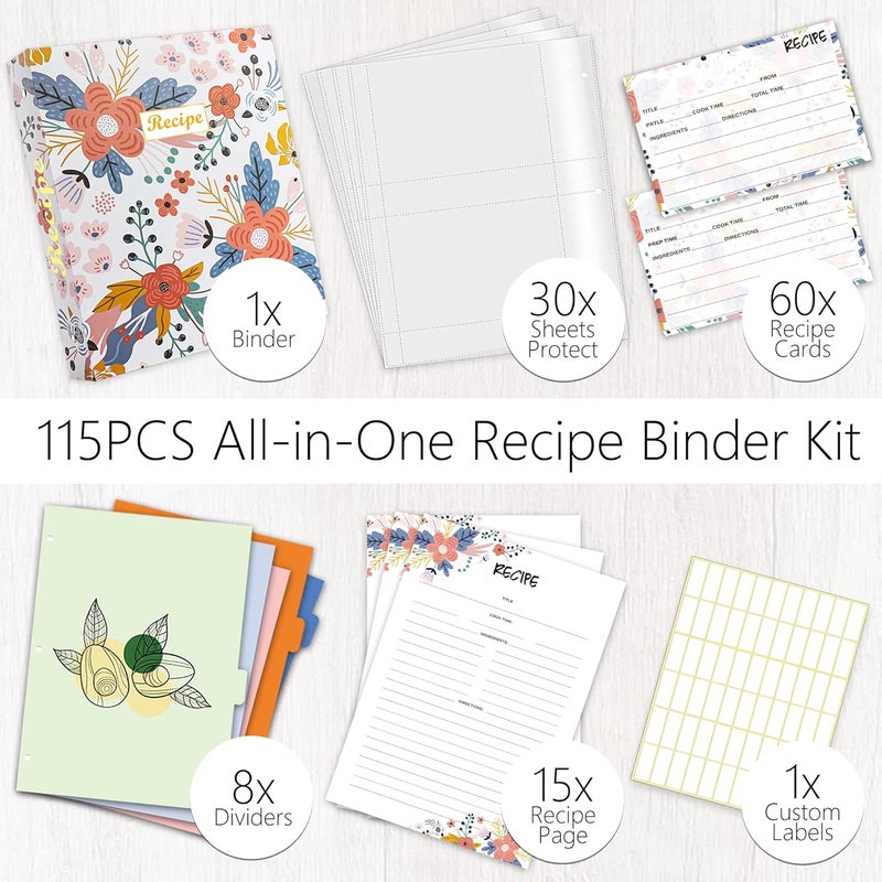 Relaehih 3 Ring Recipe Binder 8.5" x 11" Recipe Book Recipe Binder Kit with 60 Printed Recipe Cards 4'' x 6'', 8 Category Dividers to Write in Your Recipes, Unique Gifts for Women (White) - Image 3