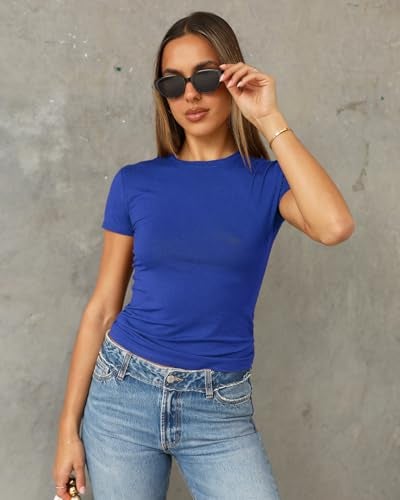 Abardsion Women's Casual Basic Going Out Crop Tops Slim Fit Short Sleeve Crew Neck Tight T Shirts 2025 (Royal Blue, S) - Image 2