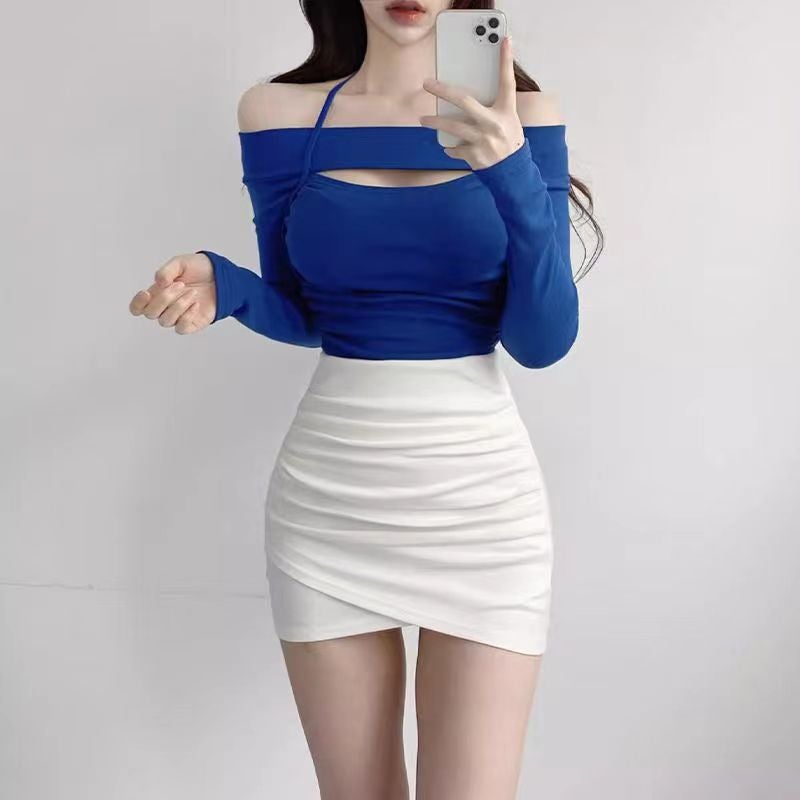 South Korea Dongdaemun Women'S Elegant Neck-Hanging Lace-Up Waist Slim-Fit Pleated Fake Two-Piece Long-Sleeved T-Shirt - Image 5