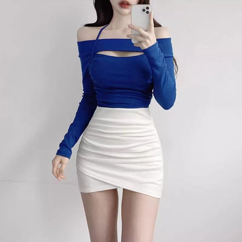 South Korea Dongdaemun Women'S Elegant Neck-Hanging Lace-Up Waist Slim-Fit Pleated Fake Two-Piece Long-Sleeved T-Shirt - Image 4