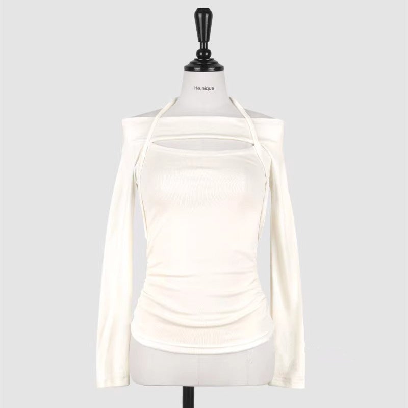 South Korea Dongdaemun Women'S Elegant Neck-Hanging Lace-Up Waist Slim-Fit Pleated Fake Two-Piece Long-Sleeved T-Shirt - Image 1