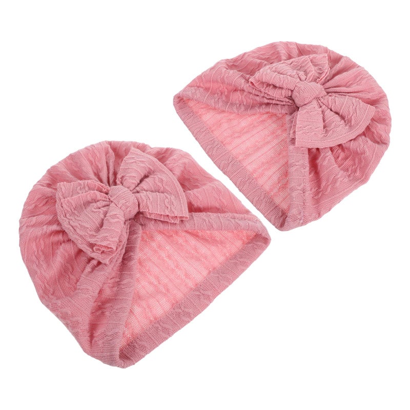 Soft Beanies Caps With Knotted Big Bows Newborn Baby Headwraps Pink 2Pcs - Image 2
