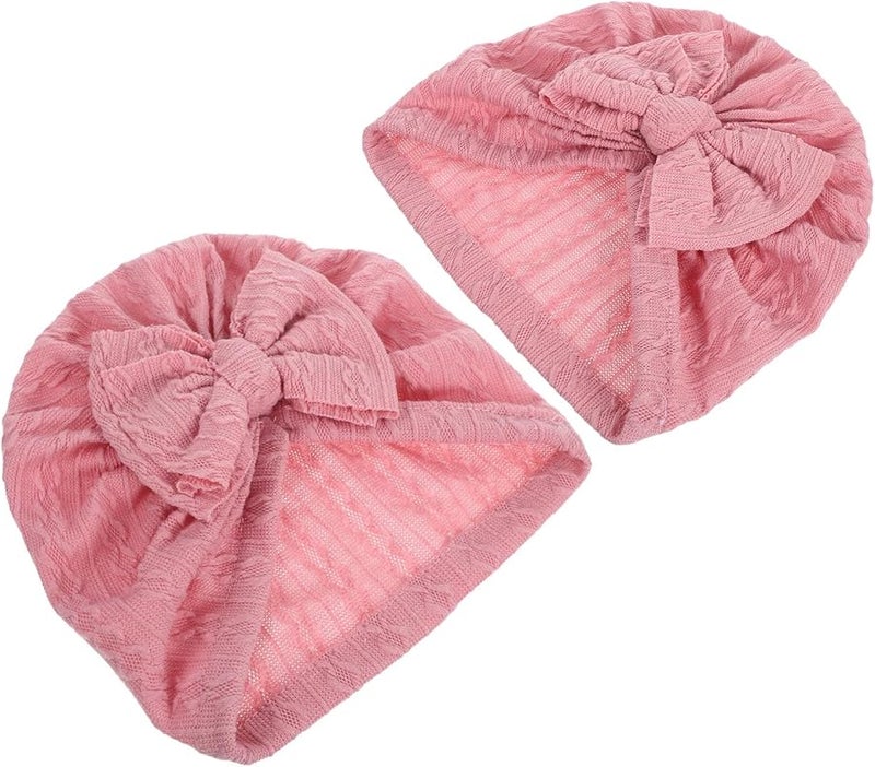 Soft Beanies Caps With Knotted Big Bows Newborn Baby Headwraps Pink 2Pcs - Image 1