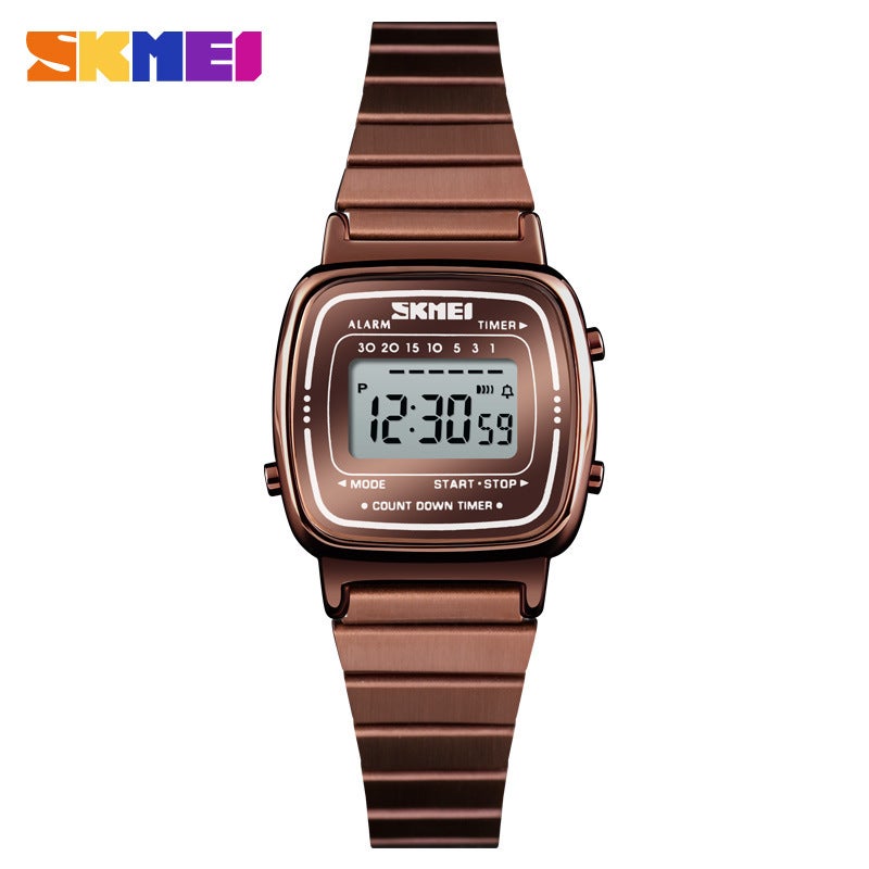 Skmei Fashion Ladies Digital Wristwatch Upgrade Coffee Gold-Steel Belt Edition
