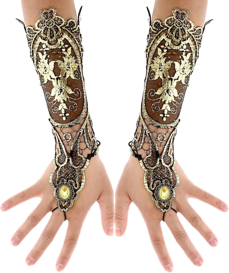 Luckam Bronzing Fingerless Lace Gloves - Gold Steampunk Gothic Floral Mesh Long Gloves, Vintage Handmade Lace-Up Design - Image 2