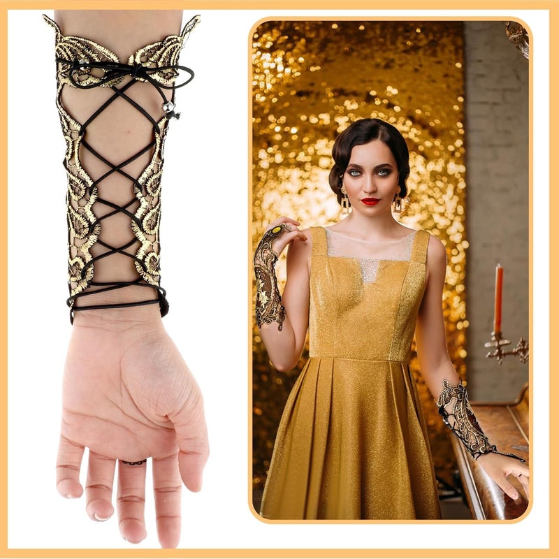 Luckam Bronzing Fingerless Lace Gloves - Gold Steampunk Gothic Floral Mesh Long Gloves, Vintage Handmade Lace-Up Design - Image 3