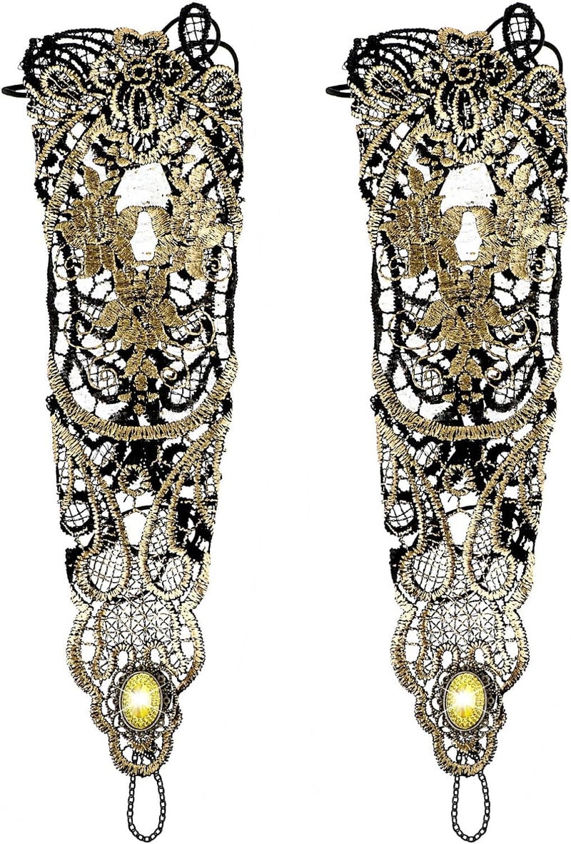 Luckam Bronzing Fingerless Lace Gloves - Gold Steampunk Gothic Floral Mesh Long Gloves, Vintage Handmade Lace-Up Design - Image 1