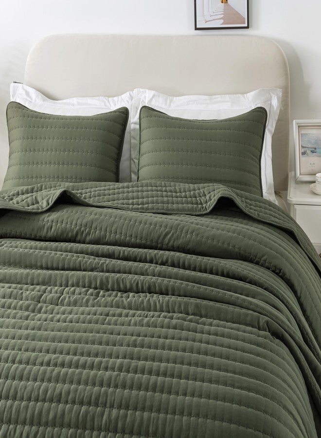 ROARINGWILD Olive Green Oversized King Size Quilt Set, California Cal King Striped Pick Stitch Bedspread, Soft Channel Farmhouse Rustic Coverlet, Spring Summer Lightweight Thin Comforter, 118x106 inches - Image 4