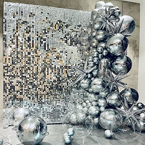 COKAOBE Silver Shimmer Wall Backdrop, 24PCS Square Sequin Shimmer Backdrop Panel, Photo Backdrops for Birthday, Anniversary, Wedding, Graduation & Bachelorette Party Decoration - Image 5