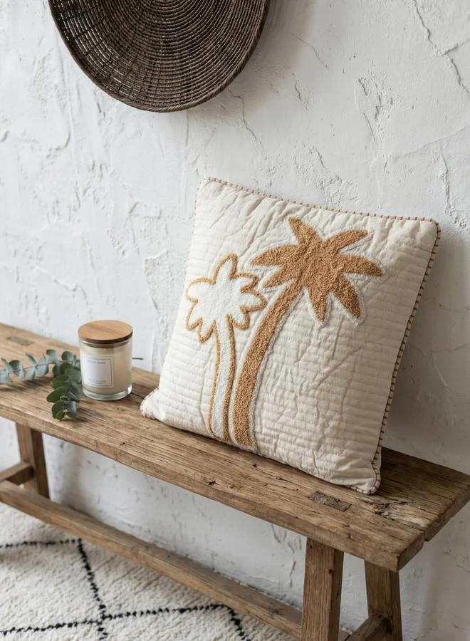 Sanskrutihomes White Palm Tree Motif Embroidered Cotton Square Cushion Cover, Medium