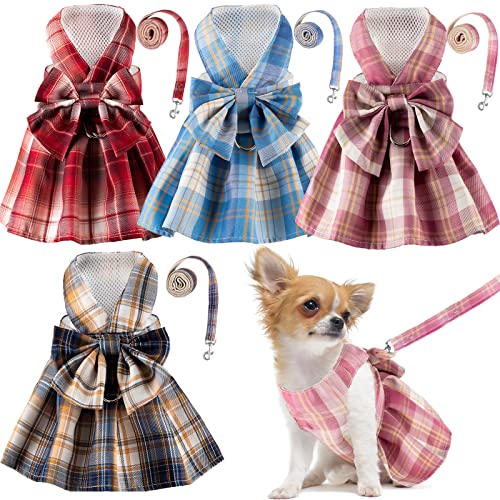 Potchen 4 Pcs Cute Plaid Dog Dress Set with Bow Tie Harness Leash for Small Dogs Puppy Clothes for Girls OutfitsLDark Color - Image 1