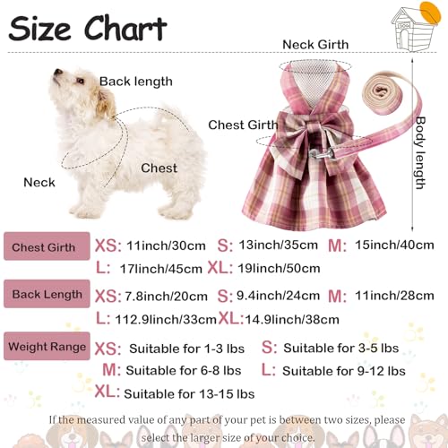 Potchen 4 Pcs Cute Plaid Dog Dress Set with Bow Tie Harness Leash for Small Dogs Puppy Clothes for Girls OutfitsLDark Color - Image 3