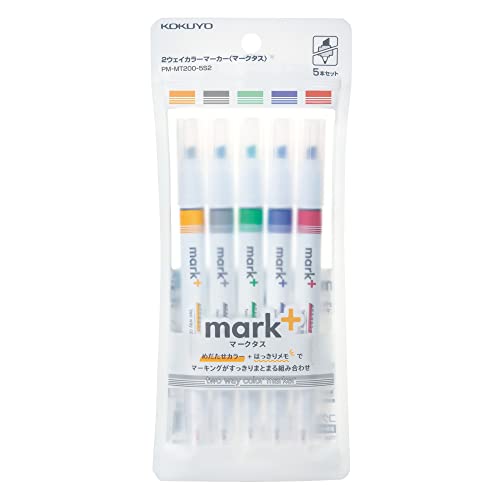 KOKUYO 2-Way Vivid Highlighter 5 Colors Set. Mark+ Dual Tips Markers, Quick Dry Chisel Fine Tip 5 Pack of Gold, Gray, Light Green, Navy, Red. Japan Import (PM-MT200-5S2) - Image 1