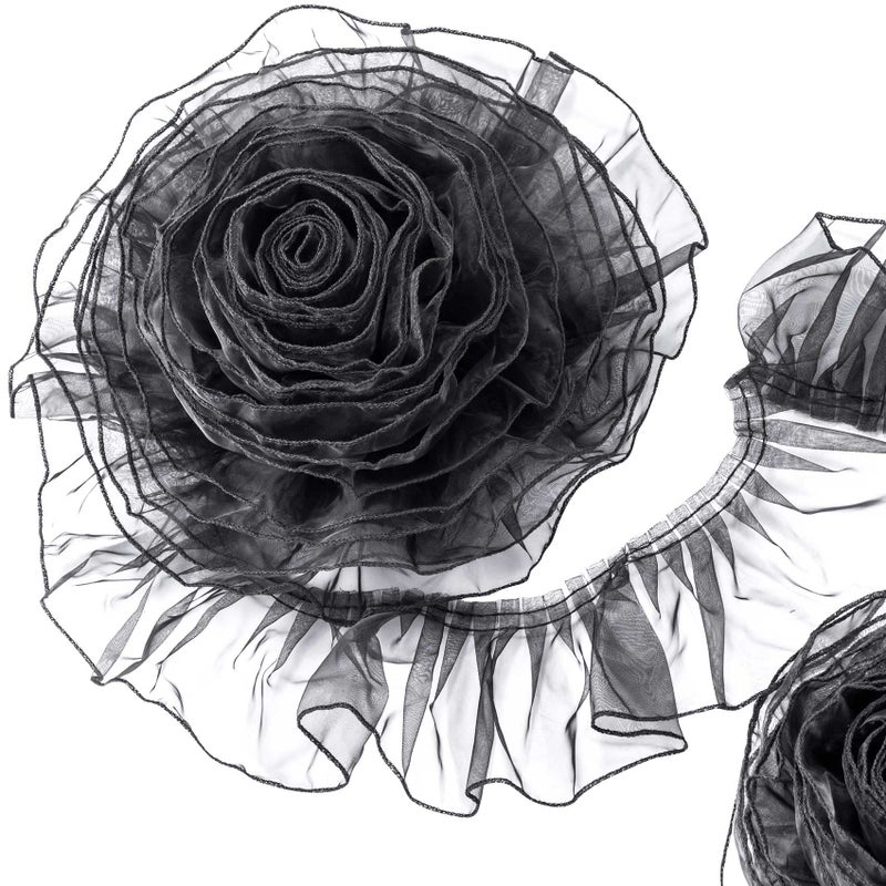 ANCIRS 9 Yards Organza Ruffled Pleated Lace Fabric Trim for Dress Collars Sleeves Decoration Throw Pillow Halloween Costume Cosplay Makeup Show Decor Appliques Patches Handmade DIY Sewing Black