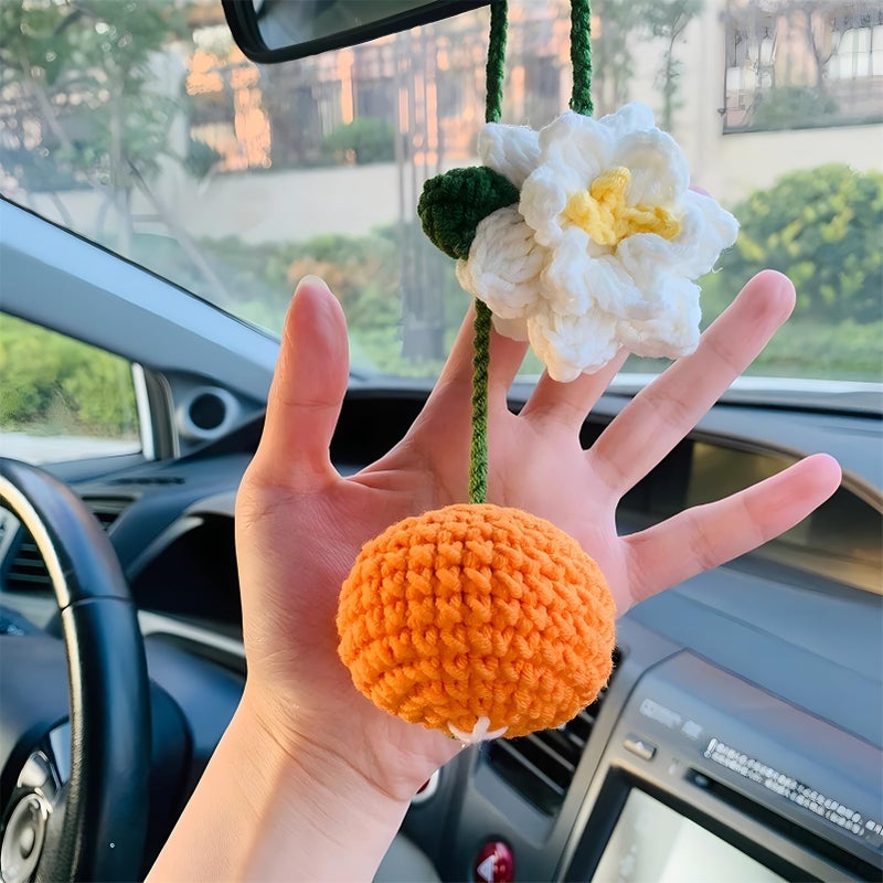 Mshion Car Rear View Mirror Hanging Accessory  Cute Tangerines Car Accessories  Crochet Car Decor  Hand Knitted Car Mirror Hanger for Holiday Gifts - Image 1
