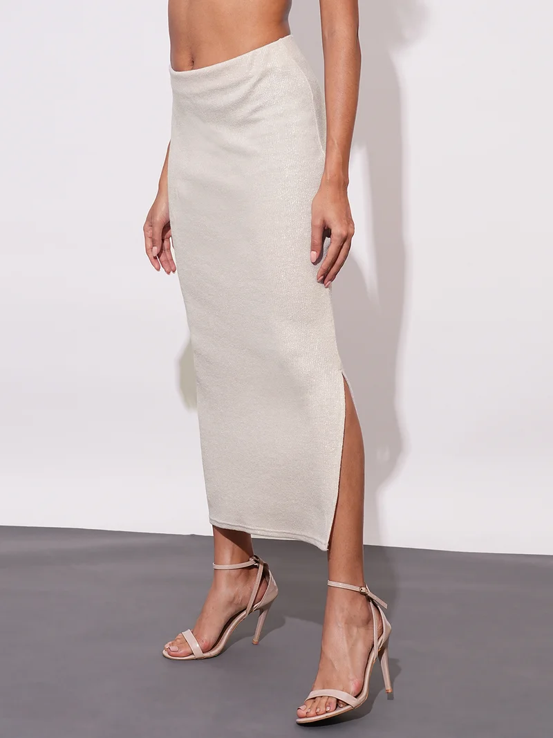 globus Globus Women Sheen Self Design Stretchable Mid-Rise Side Slit Maxi Party Pencil Skirt