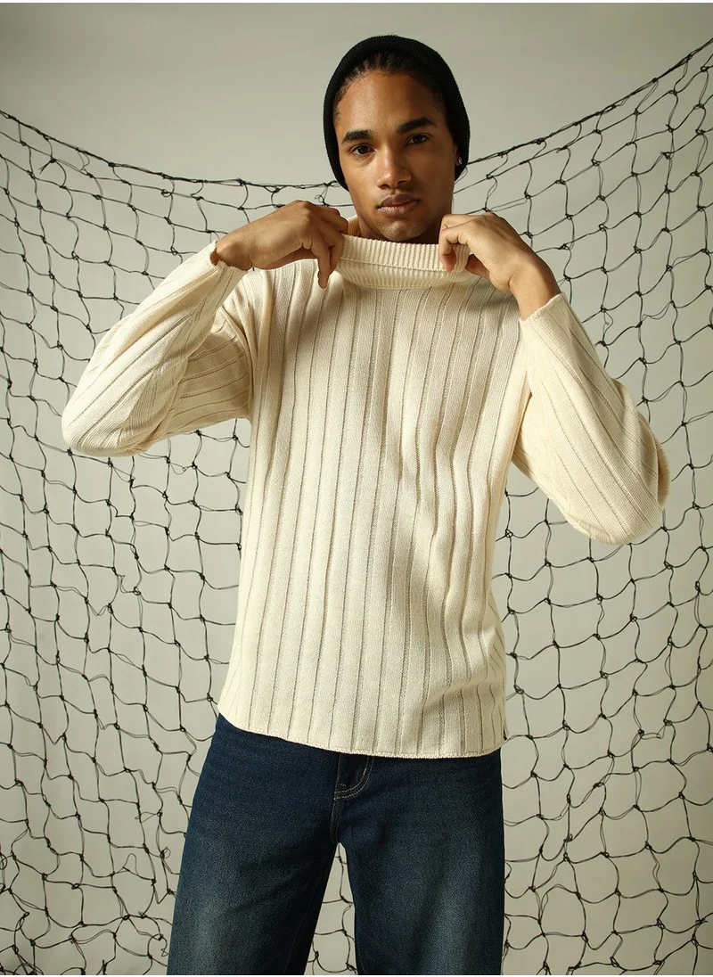 هوبرهولمي Men's Off White 100% Acrylic Solid Oversized Sweater