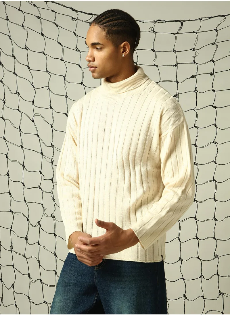 هوبرهولمي Men's Off White 100% Acrylic Solid Oversized Sweater