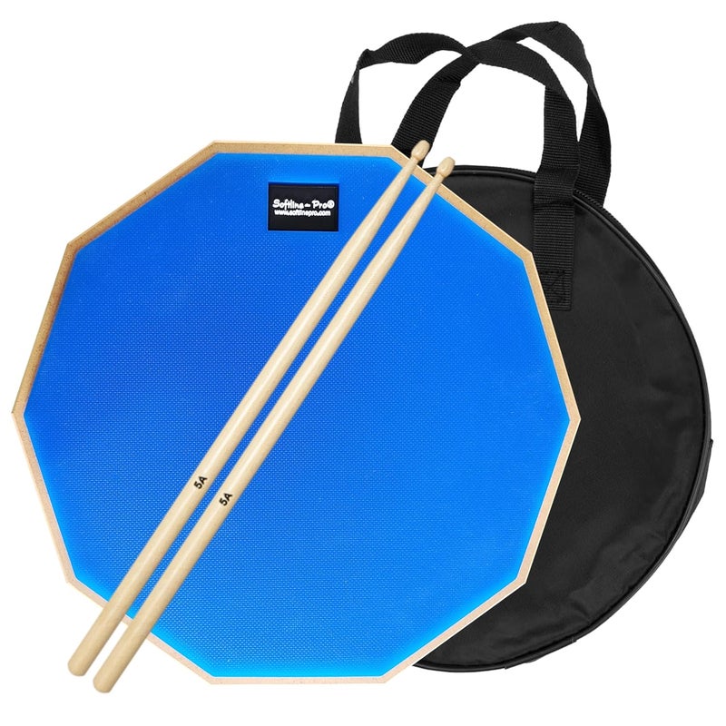 Softline Pro Dumbed 12-Inch Drum Practice Pad (10-Corner Design) | Double-Sided Silicone Rubber Pad with Carry Bag & 5A Maple Wood Drumstick (SP-DPP44-SB-BL) - Image 1