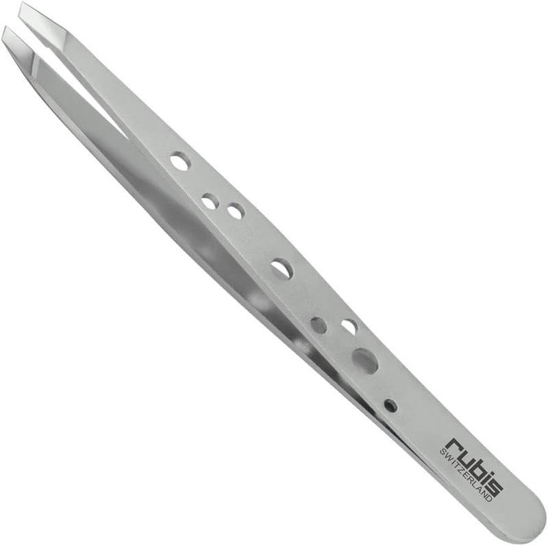 Rubis Hole Pattern Classic Stainless Steel Slanted Tweezers For Precise Eyebrows and Hair Removal The Elegance Collection 1K111SilverRubis Switzerland Swiss Made World Renowned Precision