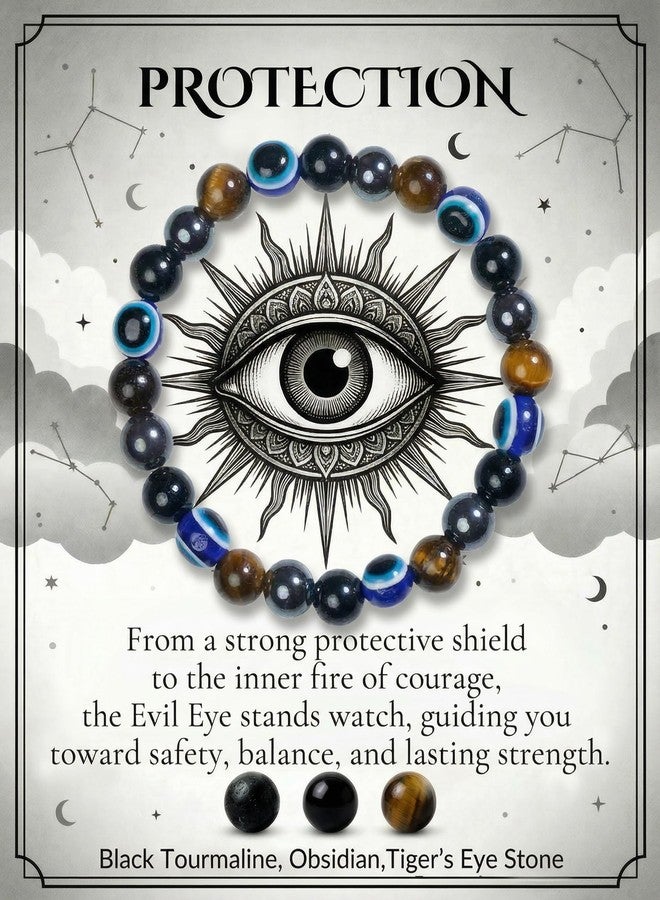 Bivei Evil Eye Bracelets Protection, Strength Crystal Healing Bracelet 8MM with Black Tourmaline, Obsidian & Tiger Eye - Spiritual Stretch Beaded Jewelry for Women Men Gift - Image 1