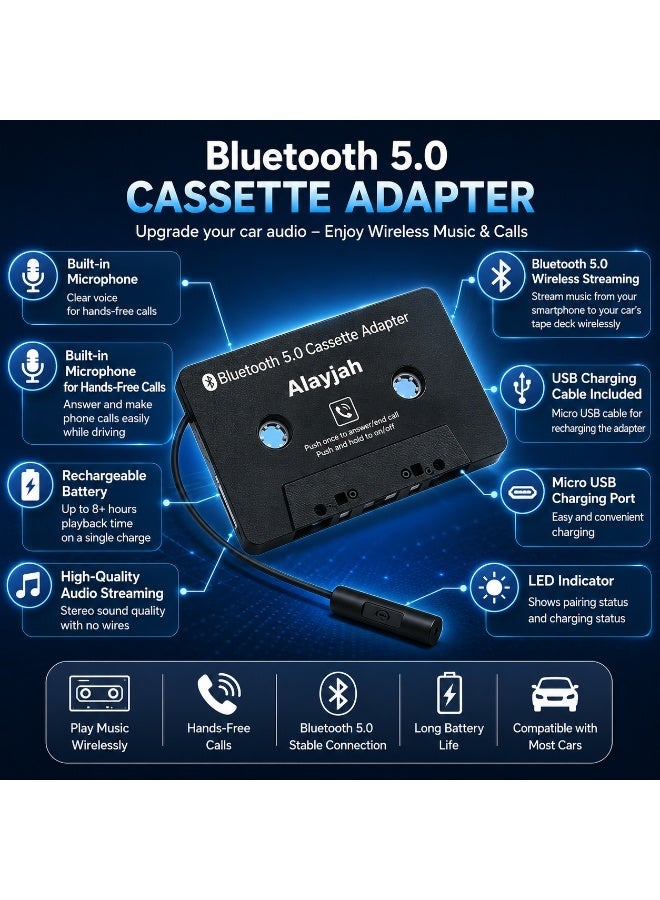 Alayjah, Bluetooth Cassette Adapter + Gift , Wireless Music Receiver for Car Tape Deck, Hands-Free Calling & Volume Control Support Bluetooth  11600010 - Image 2