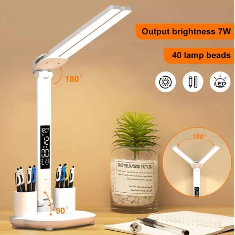 Dayalu ABS 3 Color Table Lamp Rechargeable for Study with Smart Led Display & Fan, Foldable Double Head Touch Light with Stepless Dimming, Desk Lamps with 2 Pen Holder, White, 7W - Image 5