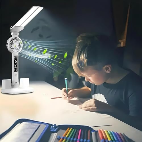 Dayalu ABS 3 Color Table Lamp Rechargeable for Study with Smart Led Display & Fan, Foldable Double Head Touch Light with Stepless Dimming, Desk Lamps with 2 Pen Holder, White, 7W - Image 3