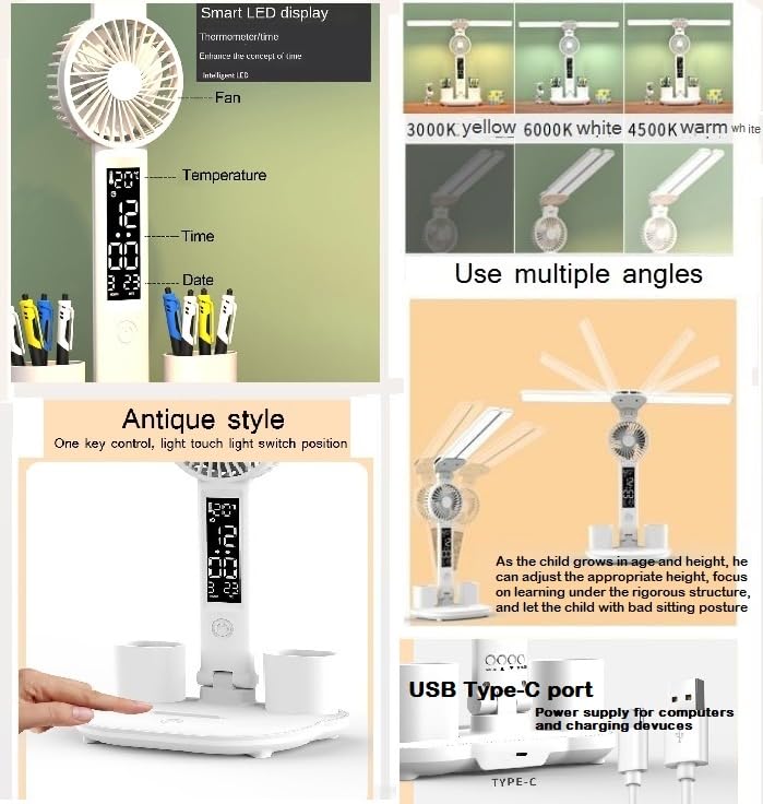 Dayalu ABS 3 Color Table Lamp Rechargeable for Study with Smart Led Display & Fan, Foldable Double Head Touch Light with Stepless Dimming, Desk Lamps with 2 Pen Holder, White, 7W - Image 2