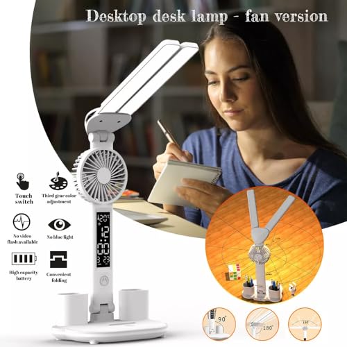 Dayalu ABS 3 Color Table Lamp Rechargeable for Study with Smart Led Display & Fan, Foldable Double Head Touch Light with Stepless Dimming, Desk Lamps with 2 Pen Holder, White, 7W - Image 4