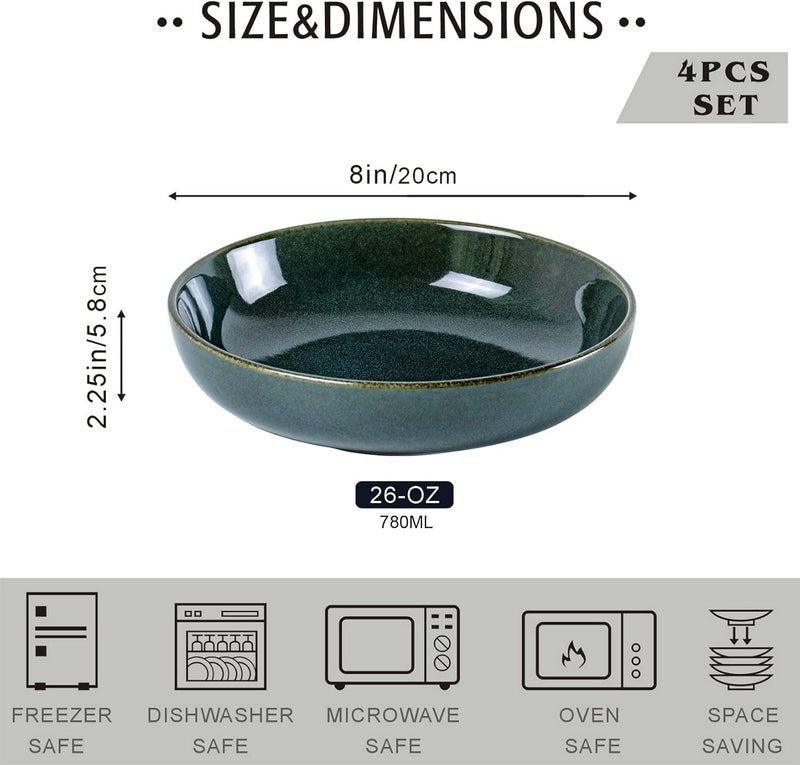 UNICASA Ceramic Pasta and Salad Bowls Set of 4 26 oz Reactive Glaze Dish Bowls Microwave and Dishwasher Safe Olive - Image 2