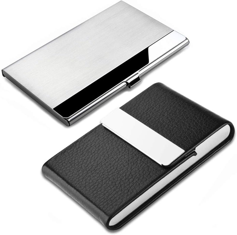 SENHAI 2 Pcs Professional Business Card Case, Stainless Steel & PU Leather Business Card Holder with Magnetic Shut Pocket Name Credit ID Card Case for Men and Women - Image 1