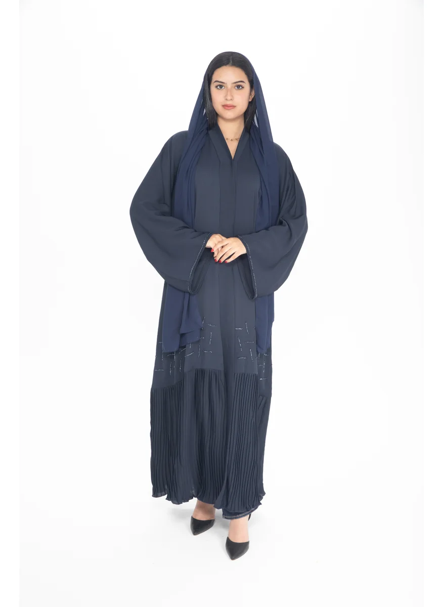 Aara Navy Abaya with Pleated Hem and Bead Accents