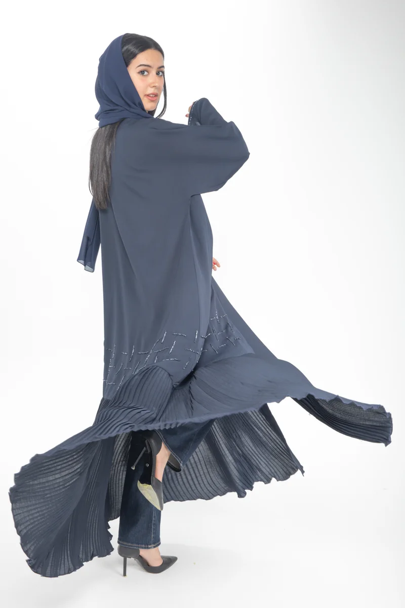 Aara Navy Abaya with Pleated Hem and Bead Accents
