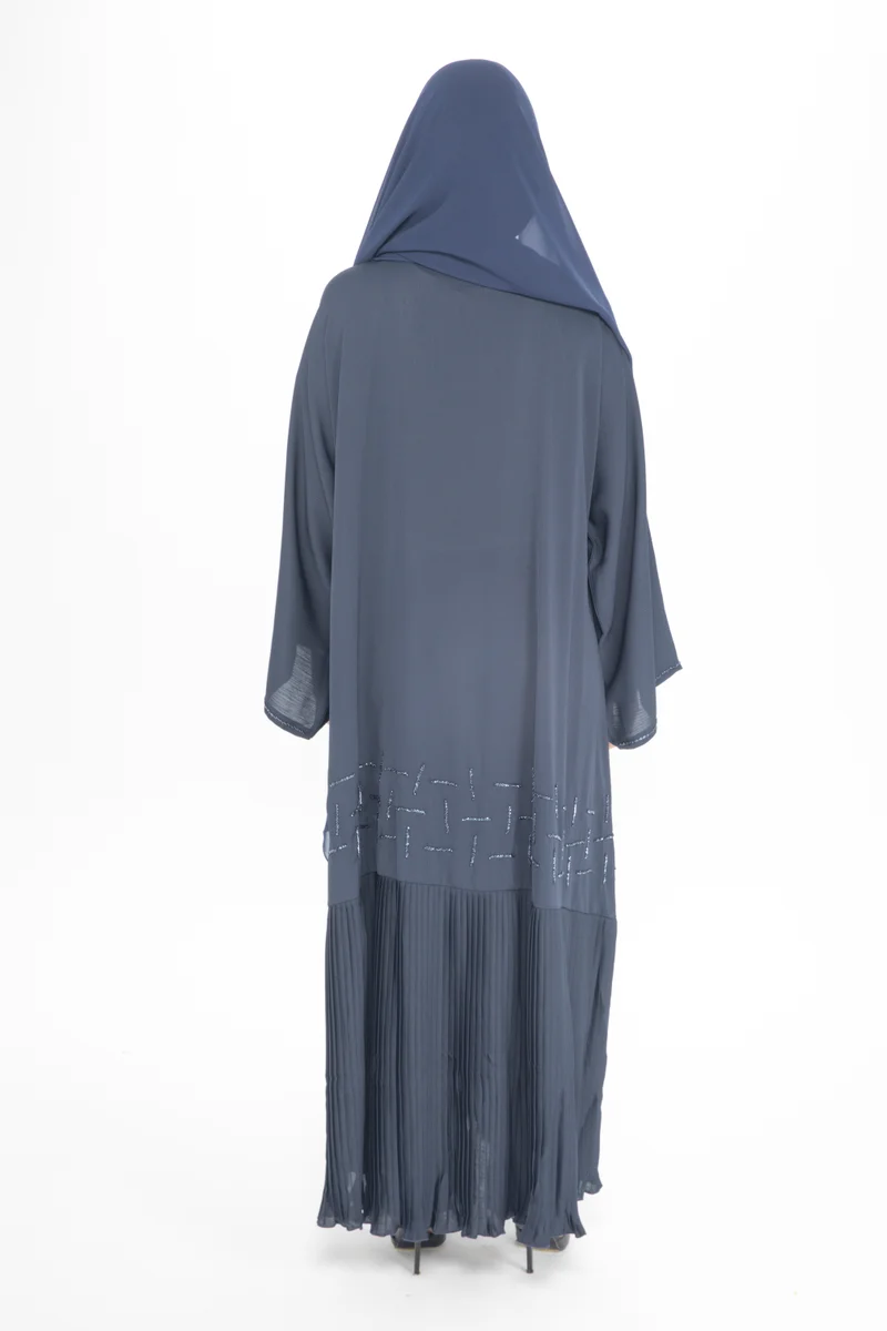 Aara Navy Abaya with Pleated Hem and Bead Accents