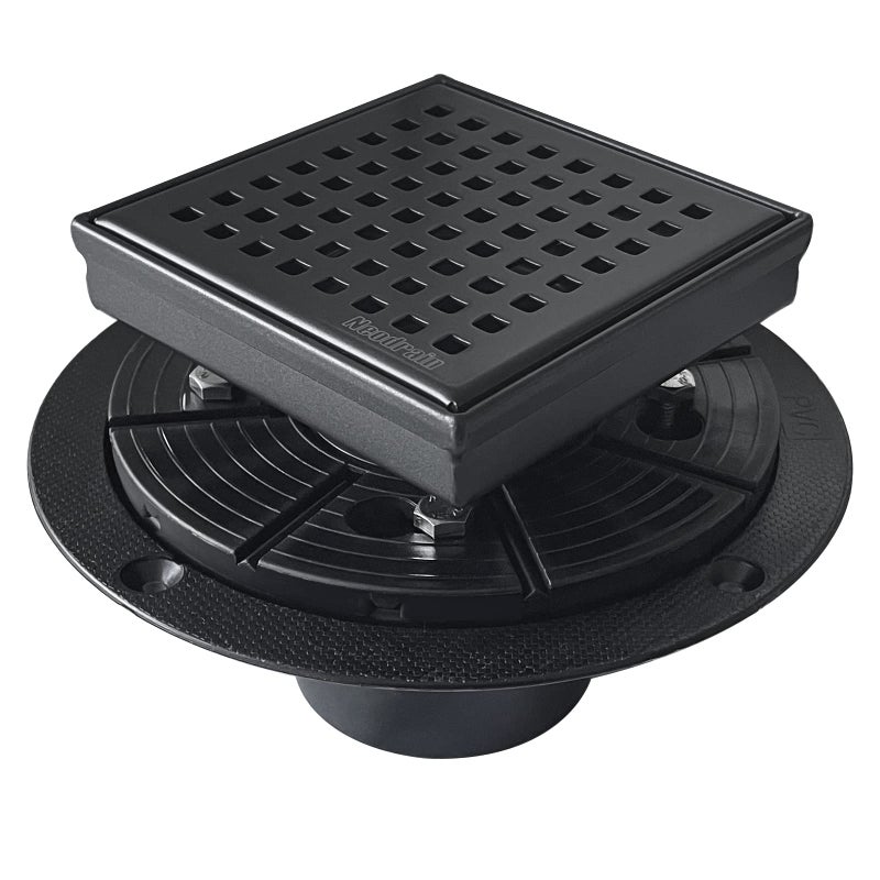 Neodrain 4Inch Square Shower Drain with Removable Quadrato Pattern Grate 304 Stainless Steel Includes Shower Drain Base Hair Strainer Shiny Black
