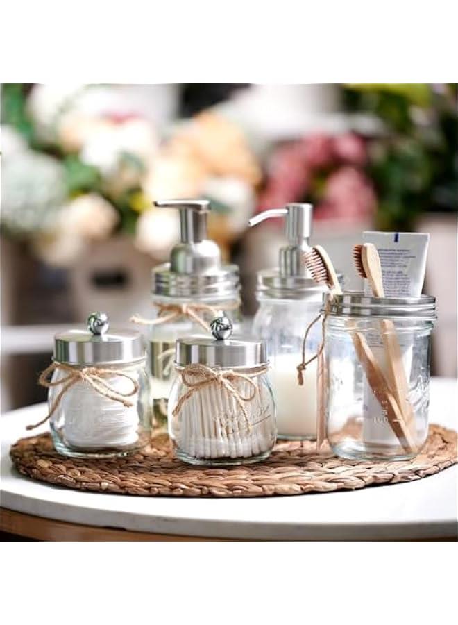 هوكور طقم إكسسوارات حمام برطمان (4 قطع) - موزع صابون غسول و2 حامل مسحة قطنية وحامل فرشاة أسنان - ديكور ريفي ريفي مزرعة، تنظيم سطح العمل - ديكور حمام منزلي (فضي) - Image 5