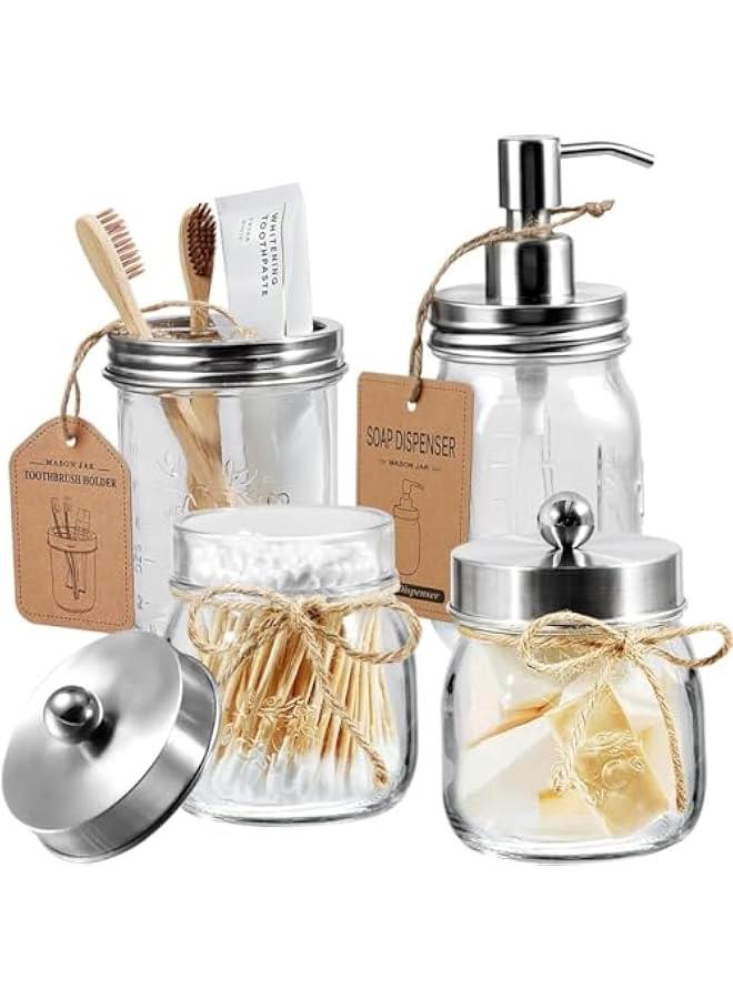 هوكور طقم إكسسوارات حمام برطمان (4 قطع) - موزع صابون غسول و2 حامل مسحة قطنية وحامل فرشاة أسنان - ديكور ريفي ريفي مزرعة، تنظيم سطح العمل - ديكور حمام منزلي (فضي) - Image 1
