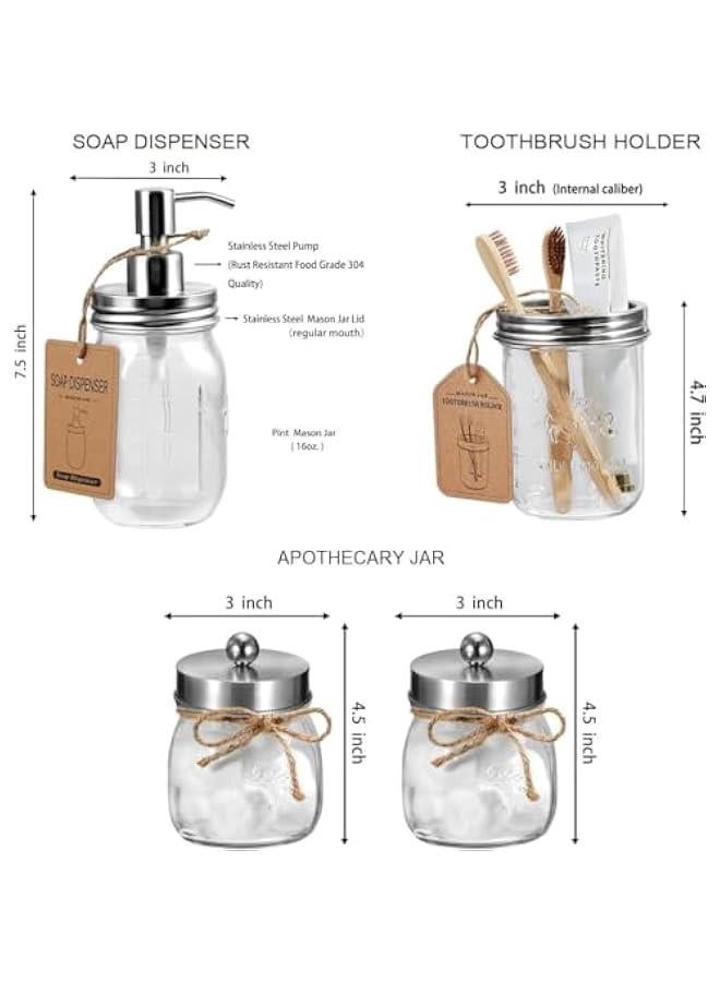 هوكور طقم إكسسوارات حمام برطمان (4 قطع) - موزع صابون غسول و2 حامل مسحة قطنية وحامل فرشاة أسنان - ديكور ريفي ريفي مزرعة، تنظيم سطح العمل - ديكور حمام منزلي (فضي) - Image 2
