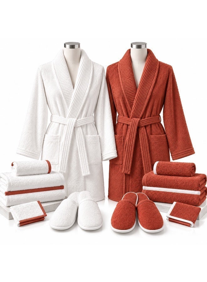 luxurious 8-piece couple's bathrobe set by Sofira, crafted from soft cotton in off-white and Brick Red. Suitable for couples, newlyweds, men, and women, the set includes two bathrobes, two pairs of slippers, two large towels, and two small towels—all color-coordinated with the robes for a stylish, cohesive look. - Image 1