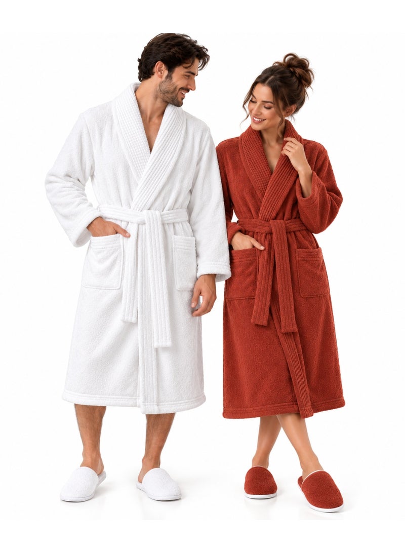 luxurious 8-piece couple's bathrobe set by Sofira, crafted from soft cotton in off-white and Brick Red. Suitable for couples, newlyweds, men, and women, the set includes two bathrobes, two pairs of slippers, two large towels, and two small towels—all color-coordinated with the robes for a stylish, cohesive look. - Image 2