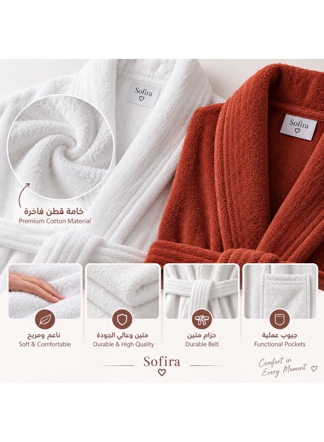 luxurious 8-piece couple's bathrobe set by Sofira, crafted from soft cotton in off-white and Brick Red. Suitable for couples, newlyweds, men, and women, the set includes two bathrobes, two pairs of slippers, two large towels, and two small towels—all color-coordinated with the robes for a stylish, cohesive look. - Image 3