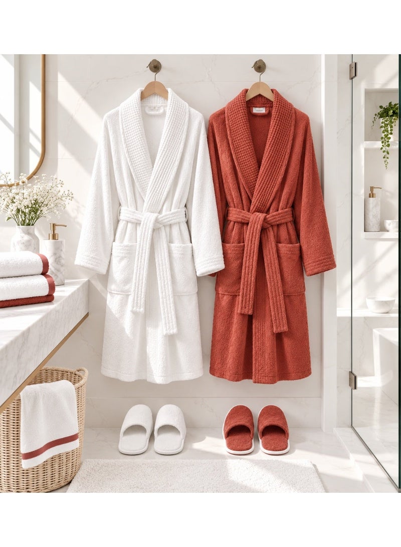 luxurious 8-piece couple's bathrobe set by Sofira, crafted from soft cotton in off-white and Brick Red. Suitable for couples, newlyweds, men, and women, the set includes two bathrobes, two pairs of slippers, two large towels, and two small towels—all color-coordinated with the robes for a stylish, cohesive look. - Image 5