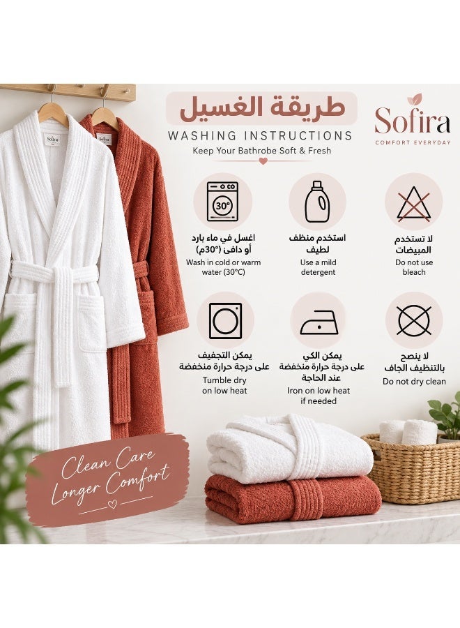 luxurious 8-piece couple's bathrobe set by Sofira, crafted from soft cotton in off-white and Brick Red. Suitable for couples, newlyweds, men, and women, the set includes two bathrobes, two pairs of slippers, two large towels, and two small towels—all color-coordinated with the robes for a stylish, cohesive look. - Image 4
