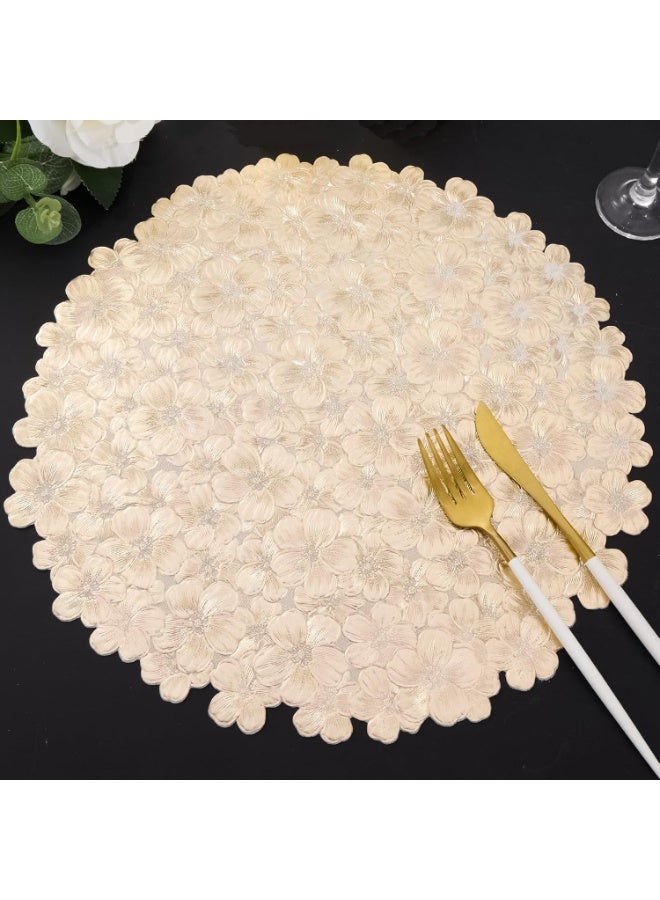 Gold Round Placemats Metallic Pressed Vinyl Flower Table Mats Set of 6 for Dining Tables Kitchen Decor Centerpiece Easy Clean Non-Slip Wipeable Washable Decorative Place Mats - Image 1